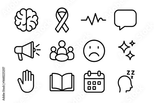 Stress Awareness Icons. Outline icon set of stress awareness: brain, awareness ribbon, heartbeat, chat bubble,