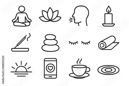 Stress Relief Icons. Outline icon set of stress relief meditation: meditating person, lotus flower, breathing