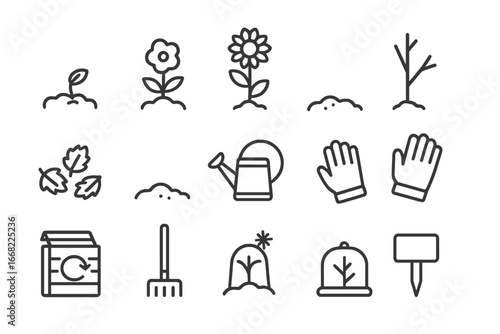 Seasonal Garden Icon Set. Outline icon set of garden through the seasons: sprouting seed, blooming flower,