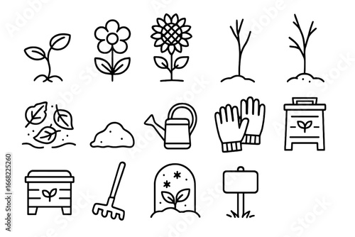 Seasonal Garden Icon Set. Outline icon set of garden through the seasons: sprouting seed, blooming flower,