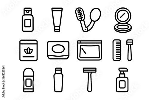 Travel Toiletry Icons. Outline icon set of travel toiletry kit: mini shampoo, travel toothpaste, folding brush