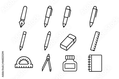 Student Writing Tools. Outline icon set of student writing tools: fountain pen, ballpoint pen, rollerball pen,