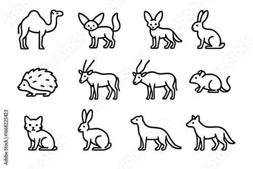 Desert Mammals Icon Set. Outline icon set of desert mammals: dromedary camel, bat-eared fox, kit fox,