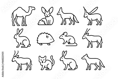 Desert Mammals Icon Set. Outline icon set of desert mammals: dromedary camel, bat-eared fox, kit fox,