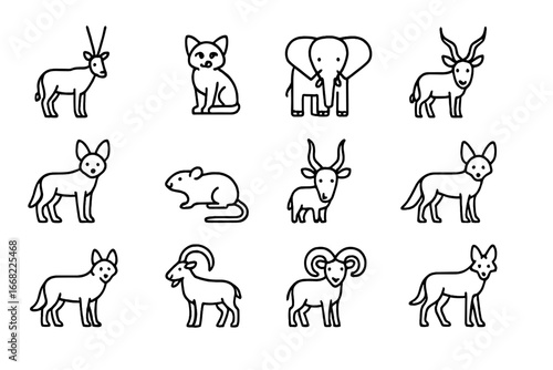 Endangered Desert Icons. Outline icon set of endangered desert animals: Arabian oryx, sand cat, desert