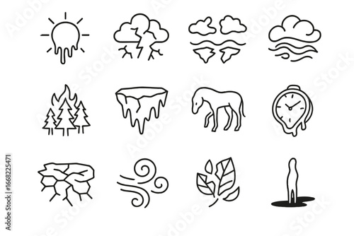 Surreal Climate Icons. Outline icon set of abstract climate effects in surrealism: melting sun, fractured