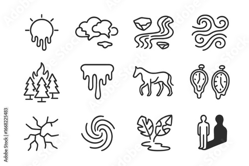 Surreal Climate Icons. Outline icon set of abstract climate effects in surrealism: melting sun, fractured