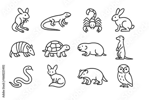 Desert Animal Icons. Outline icon set of desert burrowing animals: jerboa, lizard, scorpion, hare, armadillo,