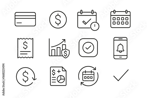 Payment Tracking Icons. Outline icon set of monthly payment tracking: bank card, dollar sign, due date,