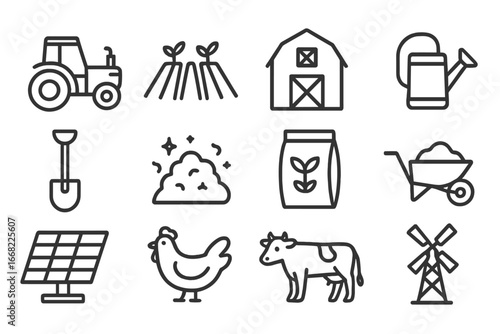 Sustainable Farming Icons. Outline icon set of sustainable farming: tractor, crop rows, barn, watering can,