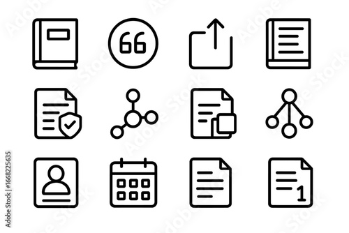Citation Management Icons. Outline icon set of academic citation management: reference book, citation icon,