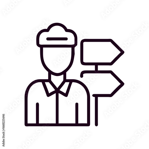 Guide man with directional signs representing guidance and assistance  