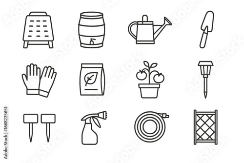 Sustainable Gardening Icons. Outline icon set of sustainable urban gardening: compost bin, rain barrel,