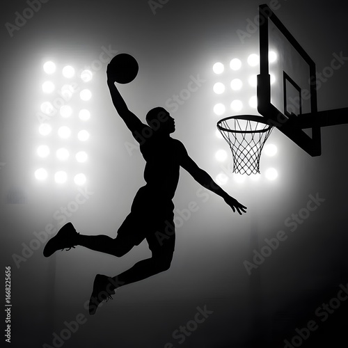 A basketball player dunking in silhouette against stadium floodlights