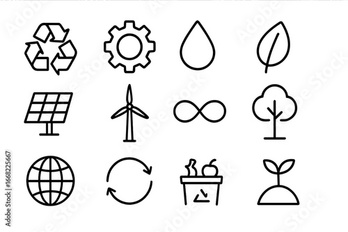 Sustainable Icons Grid. Outline icon set of sustainable design cycles: recycling symbol, gear, water drop,
