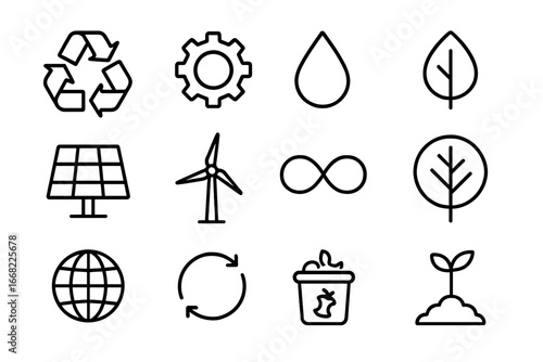 Sustainable Icons Grid. Outline icon set of sustainable design cycles: recycling symbol, gear, water drop,
