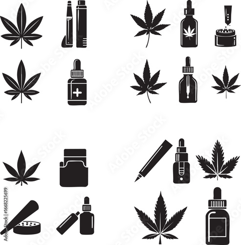 Collection of cannabis leaf and cbd oil dropper bottle icons in a clean silhouette style