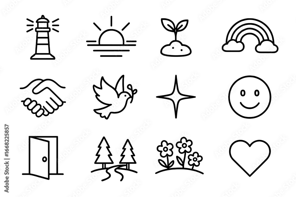 Fototapeta premium Symbols of Hope. Outline icon set of finding hope after disaster: lighthouse, sunrise, seed sprouting, rainbow