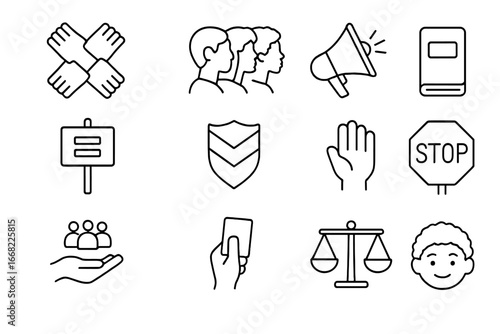 Unity and Inclusion Icons. Outline icon set of anti-racism and inclusion campaigns: unity icon, diverse