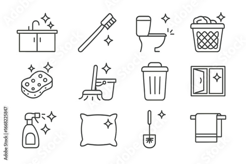 Hygiene Habits Icon Set. Outline icon set of hygiene habits at home: clean kitchen counter, toothbrush,