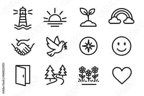 Symbols of Hope. Outline icon set of finding hope after disaster: lighthouse, sunrise, seed sprouting, rainbow