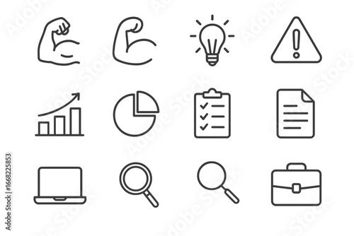 SWOT Analysis Icons. Outline icon set of SWOT analysis: strength icon, weakness icon, opportunity icon, threat