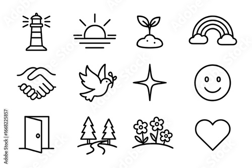 Symbols of Hope. Outline icon set of finding hope after disaster: lighthouse, sunrise, seed sprouting, rainbow