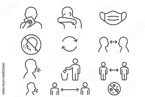 Respiratory Etiquette Icons. Outline icon set of respiratory etiquette: tissue use, elbow cough, mask icon,