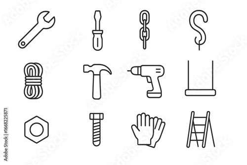 Swing Repair Tools. Outline icon set of repairing swings: wrench, screwdriver, chain, hook, rope, hammer,
