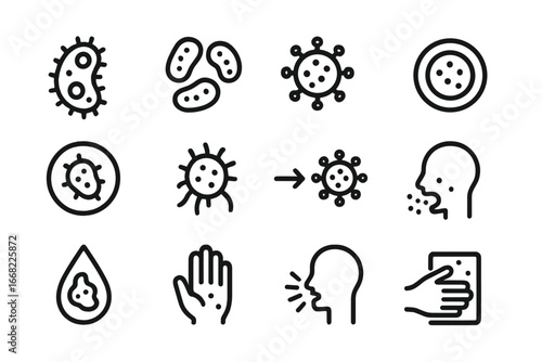 Virus and Bacteria Icons. Outline icon set of viruses and bacteria: microbe shape, bacteria colony, virus