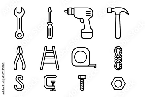 Swing Installation Tools. Outline icon set of swing installation tools: wrench, screwdriver, drill, hammer,