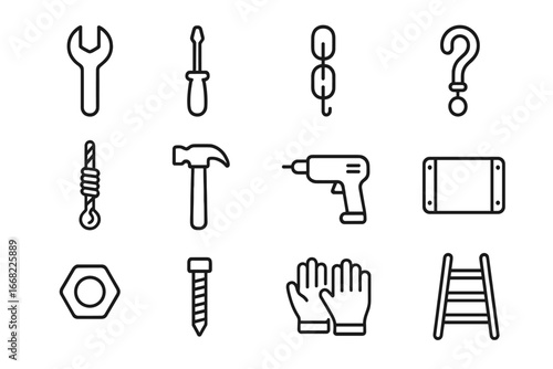 Swing Repair Tools. Outline icon set of repairing swings: wrench, screwdriver, chain, hook, rope, hammer,