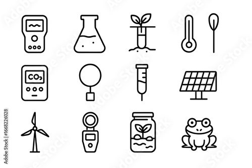 Environmental Experiment Icons. Outline icon set of environmental experiments: air quality meter, water sample