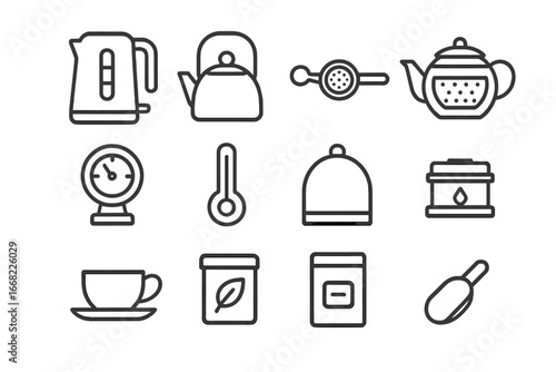 Tea Brewing Icons. Outline icon set of tea brewing equipment: electric kettle, stovetop kettle, tea strainer,