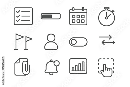 Task Management Icons. Outline icon set of Task and workflow management: checklist, progress bar, calendar,