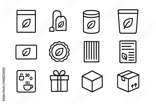 Tea Packaging Icons. Outline icon set of tea packaging: tea box, tea bag, tea tin, resealable pouch, label,