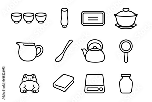 Tea Tasting Icons. Outline icon set of tea tasting session: tasting cups, aroma cup, tea tray, gaiwan,