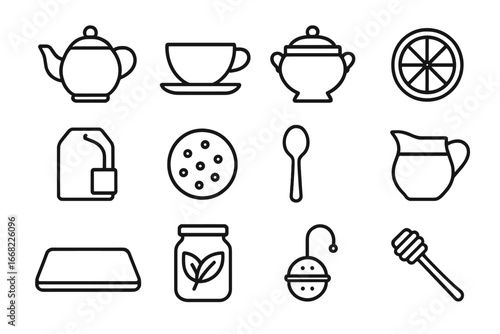 Tea Time Icons. Outline icon set of tea time: teapot, tea cup, sugar bowl, lemon slice, tea bag, cookie, spoon