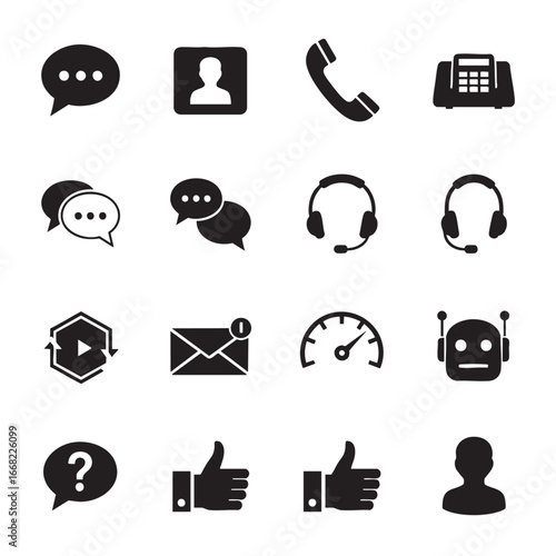 Modern communication technology icons featuring chat robots phones headphones and social media elements
