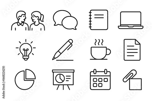 Teamwork Icon Set. Outline icon set of coworkers discussing ideas: speech bubbles, notebook, laptop, lightbulb