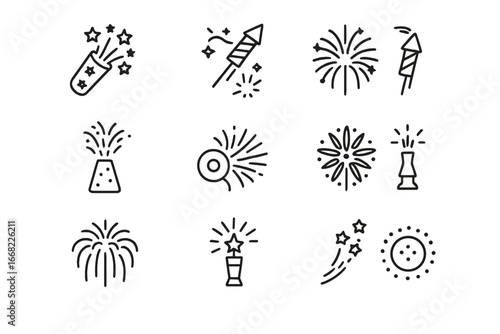 Fireworks Icon Set. Outline icon set of fireworks types: Roman candle, aerial shell, bottle rocket, fountain