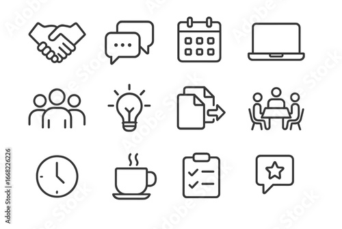Teamwork Icon Set. Outline icon set of team collaboration: handshake, chat bubble, calendar, laptop, people,