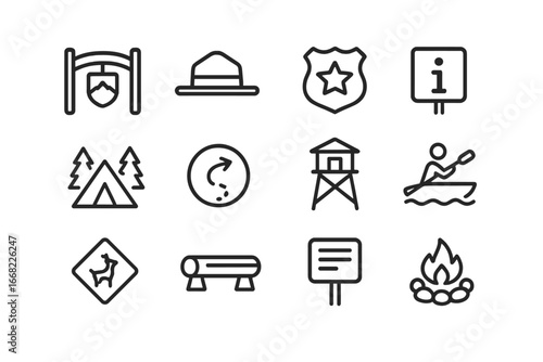 National Park Icons. Outline icon set of national park lake trips: park gate, ranger hat, permit badge, info