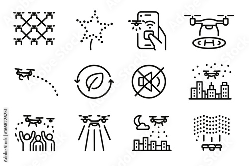 Drone Show Icons Set. Outline icon set of drone light shows as firework alternatives: drone grid, pattern in