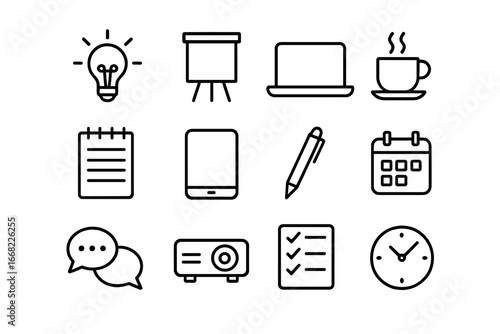 Teamwork Icon Set. Outline icon set of team brainstorming and planning: idea bulb, flip chart, laptop, coffee,