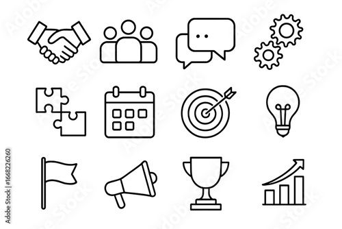 Teamwork Icon Set. Outline icon set of teamwork motivation: handshake, group of people, speech bubble, gears,