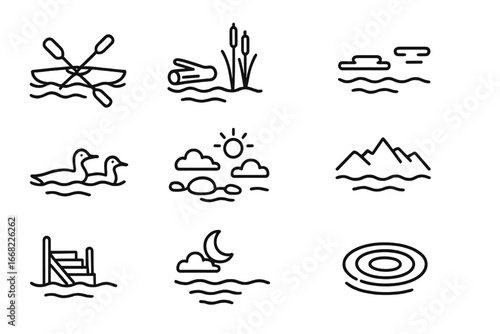 Peaceful Lake Icons. Outline icon set of peaceful lake environments: kayak trail, drift log, reeds, fog line,