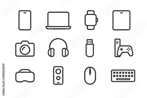 Tech Gadget Icons. Outline icon set of tech gadget suggestions: smartphone, laptop, smartwatch, tablet, camera