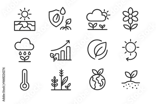 Climate-Smart Icon Set. Outline icon set of climate-smart seed strategies: drought symbol, seed resilience,