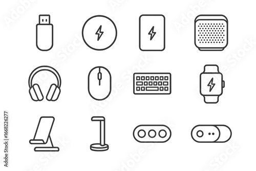 Tech Gift Icons. Outline icon set of tech corporate gifts: USB drive, wireless charger, power bank, Bluetooth